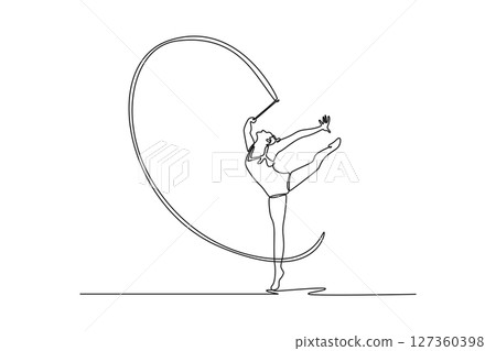 Continuous one line drawing talented teen girl rhythmic gymnast performing with ribbon, artistic dancing. Sports, beauty, grace, competition, art. Single line draw design vector graphic illustration 127360398