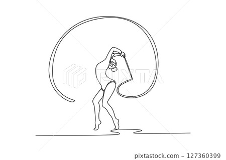 Continuous one line drawing of elegant female gymnast in stunning backbend, skillfully twirling ribbon. Capturing grace, flexibility, and precision. Single line draw design vector graphic illustration Continuous one line drawing of elegant female gymnast in stunning backbend, skillfully twirling ribbon. Capturing grace, flexibility, and precision. Single line draw design vector graphic illustration 127360399