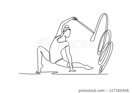 Continuous one line drawing young girl rhythmic gymnast practice with ribbon. Female movement, flexible dancing athlete. Action sports competition. Single line draw design vector graphic illustration Continuous one line drawing young girl rhythmic gymnast practice with ribbon. Female movement, flexible dancing athlete. Action sports competition. Single line draw design vector graphic illustration 127360406
