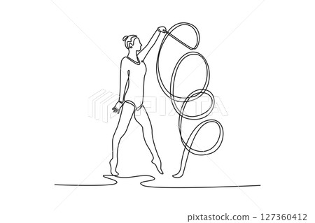 Single continuous line drawing professional young athlete exercising with ribbon. Gymnastics and acrobatics. Sports, beauty, competition, flexibility. One line draw graphic design vector illustration 127360412