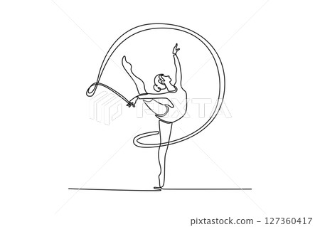 Single continuous line drawing girl gymnast trains with a gymnastics tape in professional arena. Beauty, art, sport, competition, and hobbies. Dynamic one line draw graphic design vector illustration 127360417