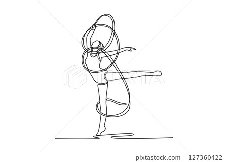 Single continuous line drawing young female rhythmic gymnast posing with ribbon. Beautiful and graceful sport. Motion, grace and flexibility. Dynamic one line draw graphic design vector illustration 127360422