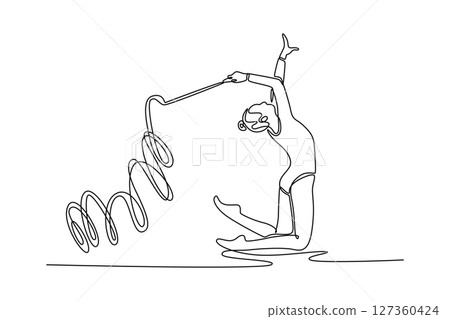 Single one line drawing rhythmic gymnastics, woman in gym and ribbon with balance, action with performance and fitness. Competition, tournament. Continuous line draw design graphic vector illustration 127360424