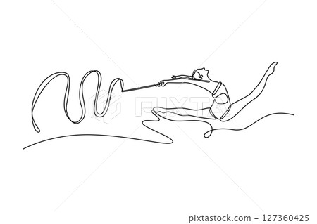 Single continuous line drawing beautiful girl, female rhythmic gymnast training with ribbon. Concept of action, motion, sport, motivation, competition. One line draw graphic design vector illustration 127360425
