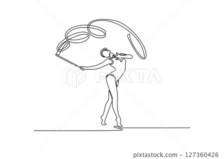 Single one line drawing young woman training rhythmic gymnastics with ribbon in gym. Female gymnast creativity and art with dancing routine and energy. Continuous line draw design vector illustration 127360426