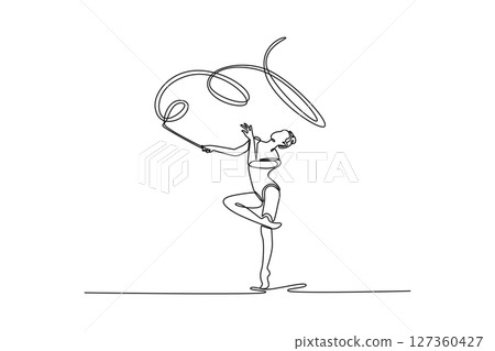 Single one line drawing young beautiful sportive girl, female rhythmic gymnast training with ribbon. Action, motion, sport, competition. Modern continuous line draw design graphic vector illustration 127360427