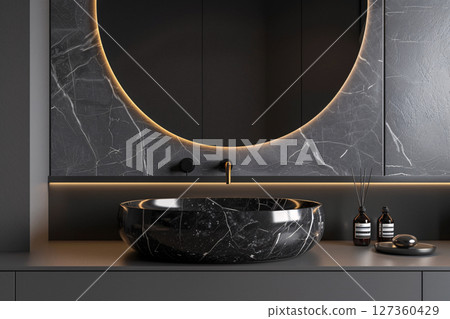 Black bathroom interior design, black marble washbasin sink in modern luxury washroom. generative ai 127360429