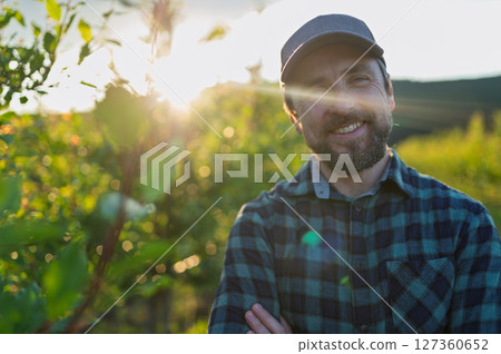 A mature farmer standing in the middle of orchard at sunset. Copy space. 127360652