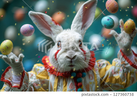 Close-up of a cute Easter bunny in clown costume, expertly juggling Easter eggs 127360738