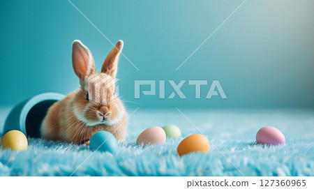 Easter bunny and Easter eggs with rabbit hole on blue background. generative ai 127360965