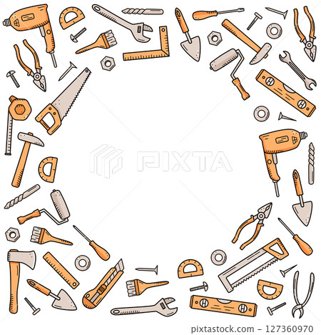 Construction tools, doodle vector set of repair elements, cartoon icons. 127360970