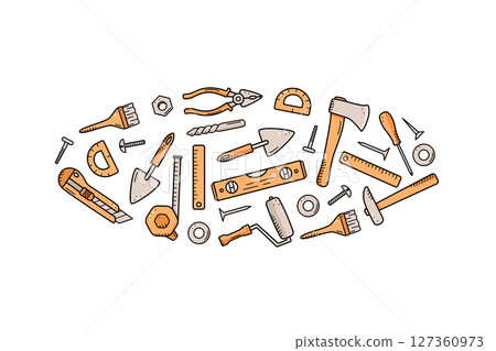Construction tools, doodle vector set of repair elements, cartoon icons. 127360973