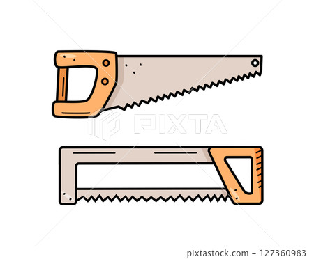 Hand saw doodle cartoon style. Vector illustration of the working tool hacksaw isolated on white. 127360983