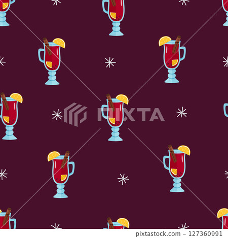 Seamless Pattern Mulled wine in a glass with orange slices, cinnamon cloves and anise. Christmas hot drink. Vector illustration cartoon style 127360991