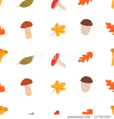 Seamless pattern Doodle set of tree leaves and mushrooms, autumn concept, vector illustration. 127361007