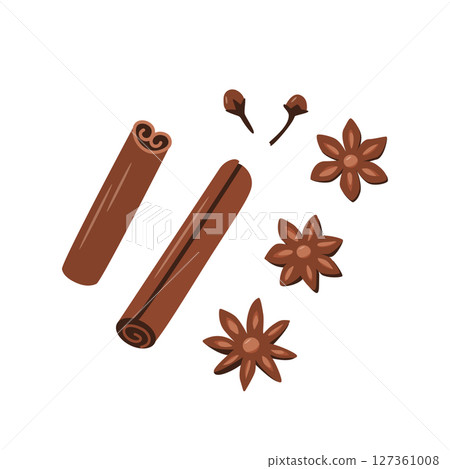 Cinnamon sticks anise and cloves, fragrant spices, vector illustration. Cinnamon sticks anise and cloves, fragrant spices, vector illustration. 127361008