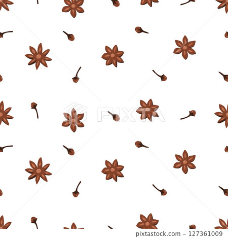 Seamless pattern stars anise and cloves, fragrant winter spices, vector illustration background. Seamless pattern stars anise and cloves, fragrant winter spices, vector illustration background. 127361009