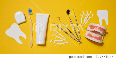 Oral hygiene set including dental floss in a case, toothbrush, tube of toothpaste, various dental instruments, plastic flossers and dental jaw model Oral hygiene set including dental floss in a case, toothbrush, tube of toothpaste, various dental instruments, plastic flossers and dental jaw model 127361027