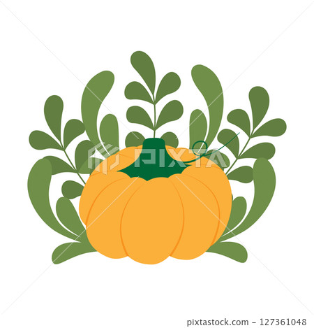 Hand Drawn Orange Pumpkin against abstract leaves Thanksgiving or Autumn Holidays Greeting Design 127361048