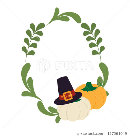 Hand Drawn Orange and White Pumpkin with Pilgrim Hat and Abstract Twigs Oval Frame border Copy space 127361049