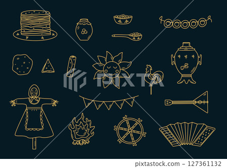 A set of doodle elements of pancake day. Vector illustration of icons of the traditional Russian holiday Maslenitsa. Sun, scarecrow, accordion balalaika, samovar, A set of doodle elements of pancake day. Vector illustration of icons of the traditional Russian holiday Maslenitsa. Sun, scarecrow, accordion balalaika, samovar, 127361132
