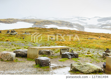Camp site with picnic table in norwegian mountains 127361494