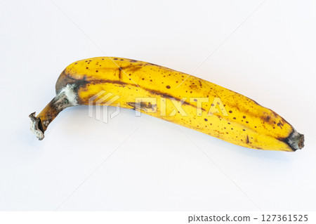 Single overripe banana with mold damage on one end, fruit spoilage and decay captured on white background for food science and microbiology concept, for lab and educational use 127361525