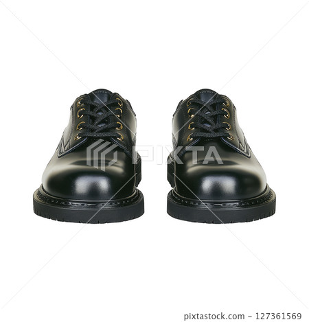 Shiny black leather shoes with laces and gold eyelets, reflecting light, are displayed against plain background. shoes have classic design, suitable for formal occasions 127361569