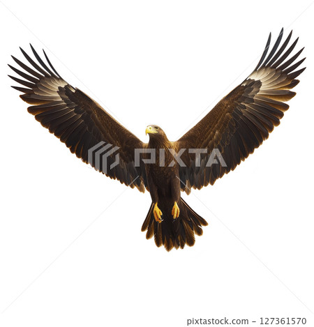Majestic eagle with outstretched wings soars gracefully against clear sky, showcasing its powerful presence and keen gaze Majestic eagle with outstretched wings soars gracefully against clear sky, showcasing its powerful presence and keen gaze 127361570