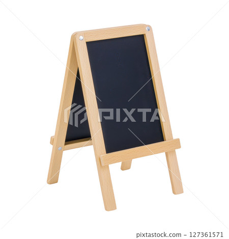 Wooden framed chalkboard easel stands upright, perfect for displaying messages or menus. Its simple design and black writing surface make it versatile for various settings 127361571