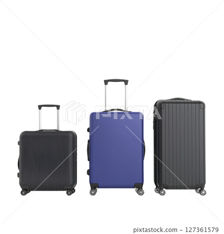 Three hard shell suitcases black and blue are displayed, each with four wheels and telescopic handles, ideal for travel. sleek design and durable material make them perfect for frequent travelers 127361579