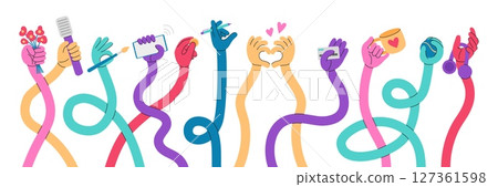 Flexible stretched hands. Long hand holding smartphone, flowers, pen, credit card. Different bright colors gestures, human curved arms, neoteric comic vector set 127361598