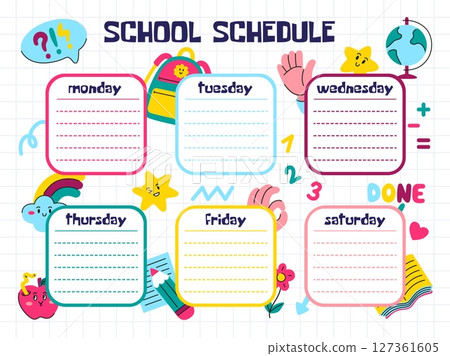 Kids school schedule. Daily planner for learning, stylish design with funny stickers. Page for notes and notifications. Neoteric vector modern template 127361605
