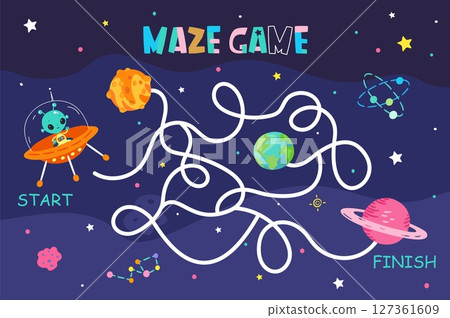Alien maze game. Help ufo person in spaceship find right way to home planet. Preschool children educational development play, nowaday vector space location Alien maze game. Help ufo person in spaceship find right way to home planet. Preschool children educational development play, nowaday vector space location 127361609