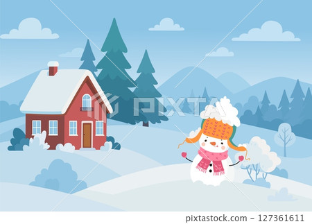 Snowman winter landscape. Seasonal forest in snow, holiday christmas yard. Cozy house, fir tree, snowy bushes. Countryside nowaday vector background 127361611
