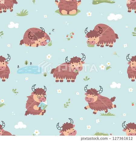 Yak seamless pattern. Funny cartoon yaks in different activities. Cute animal characters print for fabric, web app design. Nowaday vector background Yak seamless pattern. Funny cartoon yaks in different activities. Cute animal characters print for fabric, web app design. Nowaday vector background 127361612
