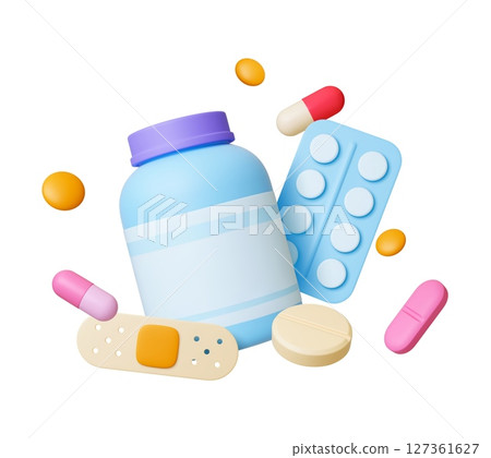 Medical 3d scene with patch, pills, capsules and plastic medicine jar. Isolated render elements, health, hospital, pharmacy, healthcare vector illustration Medical 3d scene with patch, pills, capsules and plastic medicine jar. Isolated render elements, health, hospital, pharmacy, healthcare vector illustration 127361627