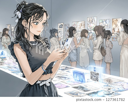 Illustration material of young people viewing the NFT art exhibition 127361782