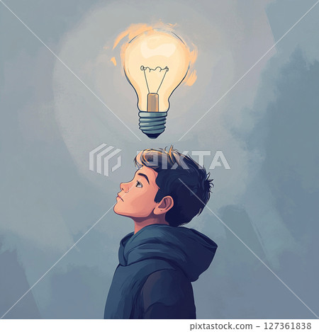 Thoughtful Boys with Glowing Lightbulbs  AI Minimalist Concept 127361838