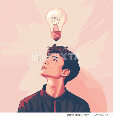 Thoughtful Boys with Glowing Lightbulbs  AI Minimalist Concept 127361839