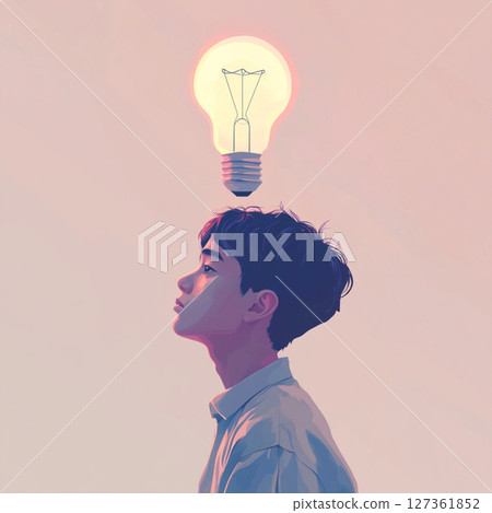 Thoughtful Boys with Glowing Lightbulbs  AI Minimalist Concept 127361852