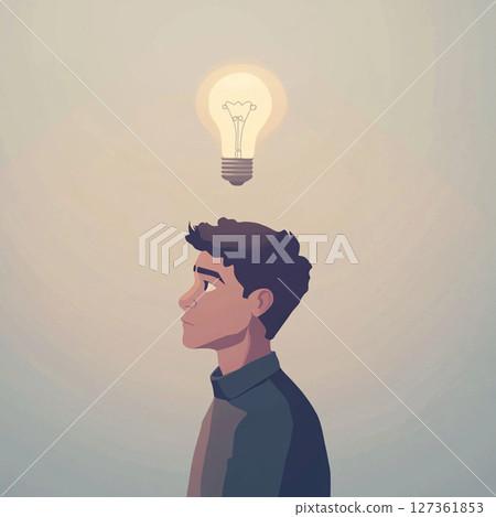 Thoughtful Boys with Glowing Lightbulbs  AI Minimalist Concept 127361853