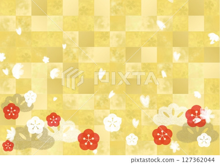 Japanese style background of plum blossoms and gold leaf 127362044