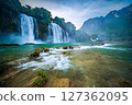 Ban Gioc waterfalls,also known as Detian waterfalls, a famous cross-border waterfall between Vietnam and China 127362095
