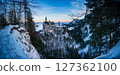 Panorama of Neuschwanstein Castle at sunrise, winter season, Schwangau, Bavaria, Germany 127362100