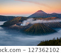 Aerial drone view of Bromo active volcano at sunrise,Tengger Semeru national park, East Java, Indonesia 127362102