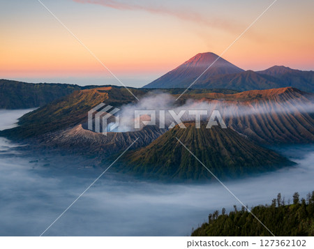 Aerial drone view of Bromo active volcano at sunrise,Tengger Semeru national park, East Java, Indonesia 127362102