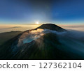 Aerial panorama drone view of mount Kawah Ijen volcano crater at sunrise, East Java, Indonesia 127362104