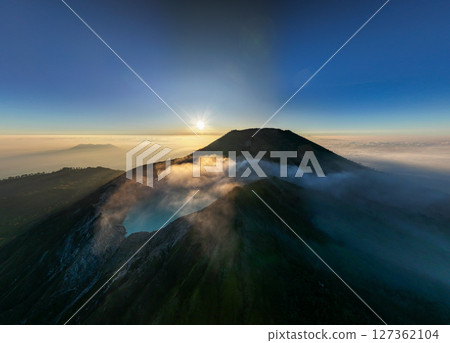 Aerial panorama drone view of mount Kawah Ijen volcano crater at sunrise, East Java, Indonesia Aerial panorama drone view of mount Kawah Ijen volcano crater at sunrise, East Java, Indonesia 127362104