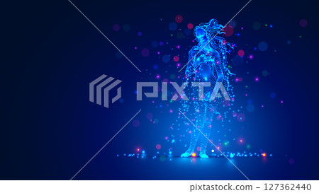 A Renaissance woman with flowing hair stands tall in the style of modern computer technology. Abstract figure of a woman consisting of glowing lights. Digital Art wallpaper with beautiful Venus. 127362440